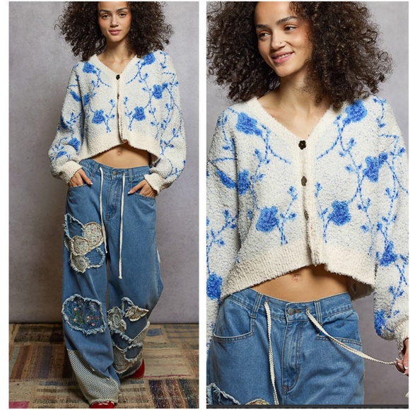 POL Floral Print Berber Button Down Loose Fit Cardigan - Picture 5 of 6